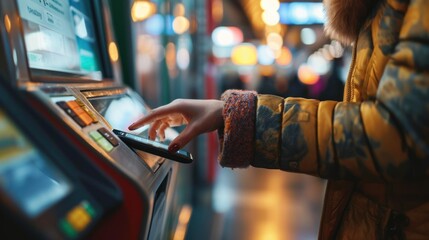 Close up of woman's hand paying for the product at vending machine with contactless payment, using digital wallet on smartphone. Credit card payment. E-commerce. Tap to pay wide angle