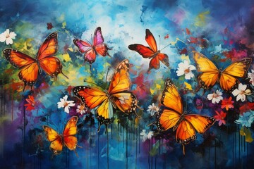 A colorful painting with butterflies, flowers, and watercolor splashes. Generative AI