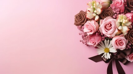 Flowers and chocolates on pink background, free space for text, Valentine's Day