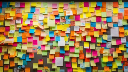 Many colorful, sticky notes, or adhesive notes on a wall or bulletin board.