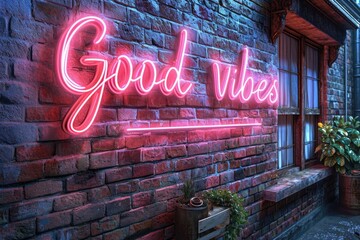 A neon sign that says good vibe on a brick wall
