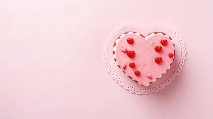 Fotobehang Bento heart shaped cake on light pink background, Valentine's Day, free space for text © cvetikmart
