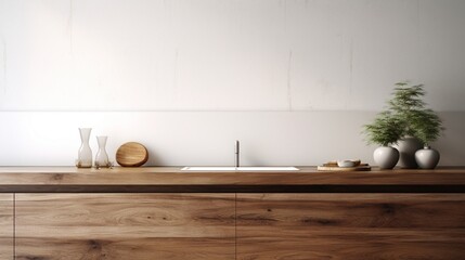 An elegant kitchen top made of brown timber board, standing out against a clean white backdrop, highlighting the warmth and beauty of the wood