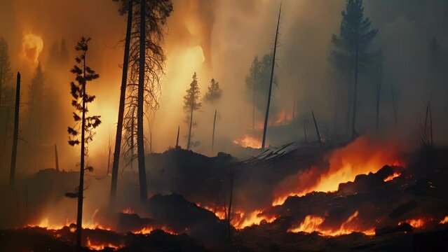 The acrid smell of burning trees and brush fills the air as the wildfire rages on, leaving a trail of smoke in its wake.