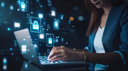 Fototapeta premium Businesswomen use laptops and show folder icons on virtual screen, Online Document Management System (DMS) and safety in the system concept, Data transfer, documents, Security system data store