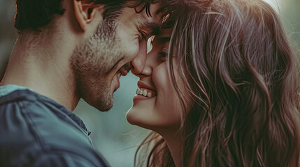 Close up of beautiful young couple standing face to face, having intimate romantic moment, affectionate lovers getting closer touching noses ready for first kiss, man and woman falling in love - obrazy, fototapety, plakaty
