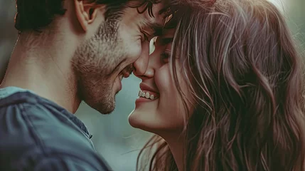 Fotobehang Close up of beautiful young couple standing face to face, having intimate romantic moment, affectionate lovers getting closer touching noses ready for first kiss, man and woman falling in love © Sasint