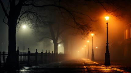 Foggy autumn night in town