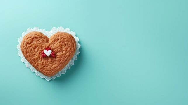 Bento cake with heart shaped heart pattern on turquoise background, Valentine's Day, free space for text