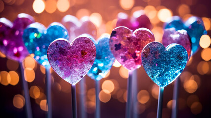 Bunch of lollypops in shape of heart, festive lights bokeh background - obrazy, fototapety, plakaty