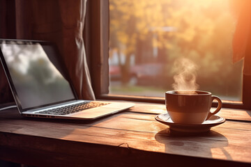 Coffee cup has smoke with laptop computer and window light in morning
