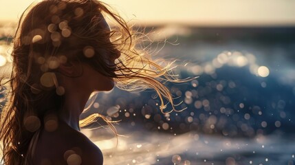 illustration of a woman with her hair down, bathed in sunlight, in front of the ocean waves generative ai - obrazy, fototapety, plakaty