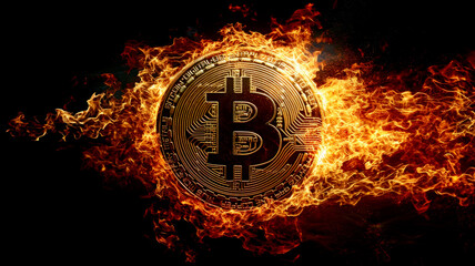 Golden Bitcoin engulfed in flames on black background - rising p