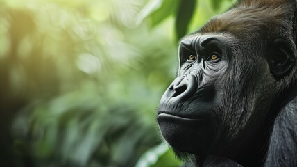 Gorilla with a pensive look in lush greenery