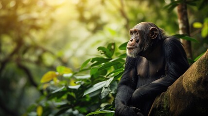 Naklejka premium A chimpanzee seated on a rock, forest backdrop
