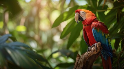 Macaw perched among lush green leaves, looking sideways