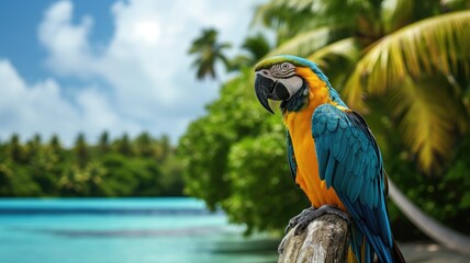 Blue and yellow macaw on a branch with tropical background