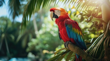Scarlet macaw perched in a sunlit tropical environment