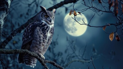 Owl perched on branch with full moon in the background - obrazy, fototapety, plakaty