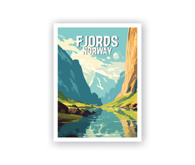 Fjords Illustration Art. Travel Poster Wall Art. Minimalist Vector art
