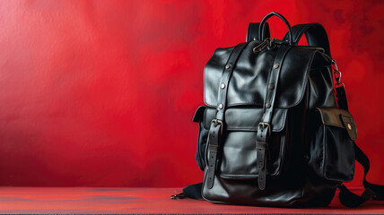 Luxurious black leather backpack against a dramatic red backdrop - obrazy, fototapety, plakaty