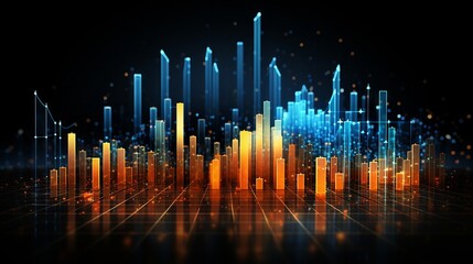 Dynamic business graph visualization with blue and orange data points,superimposed on a backdrop of financial symbols