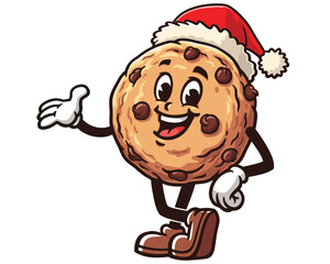 Cookie wearing a Christmas hat cartoon mascot illustration character vector clip art logo hand drawn