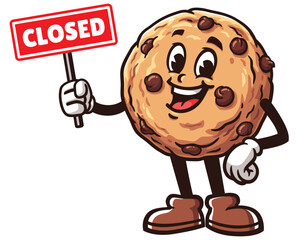 Cookie with closed sign board cartoon mascot illustration character vector clip art logo hand drawn