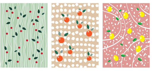 Fototapeta na wymiar Set of Vector Patterns with Fruits and Leaves In Flat Colors