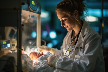 Obraz premium Female doctor examining newborn baby in incubator