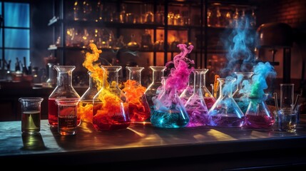 Chemistry lab concept showing a vivid experiment with smoke and liquid in beakers on a wooden bench - obrazy, fototapety, plakaty