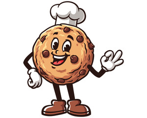 Cookie wearing a chef's hat and okay hand pose cartoon mascot illustration character vector clip art logo hand drawn
