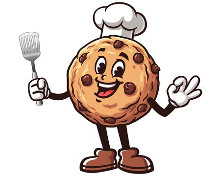 recommend clip art: Cookie with a spatula and wearing a chef's hat cartoon mascot illustration character vector clip art logo hand drawn 