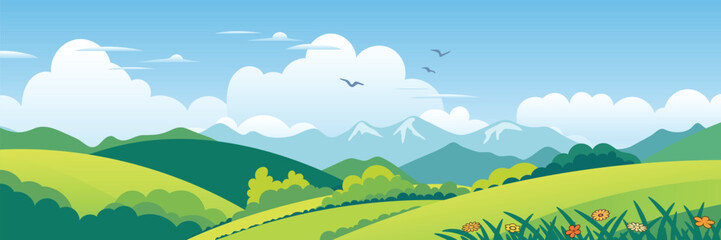 Panoramic view of spring landscape, green meadows and hills, vector illustration