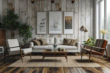 Vertical poster frame mock up in scandinavian style living room interior, modern living room interior background, 3d rendering