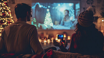 Couple watching romantic Christmas movie via video projector at home - obrazy, fototapety, plakaty