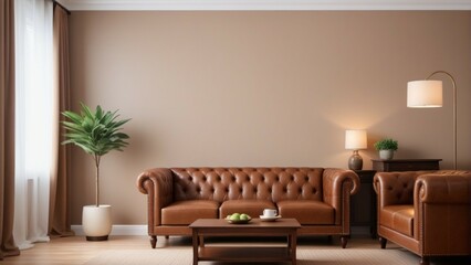 Home Interior With Brown Leather Sofa
