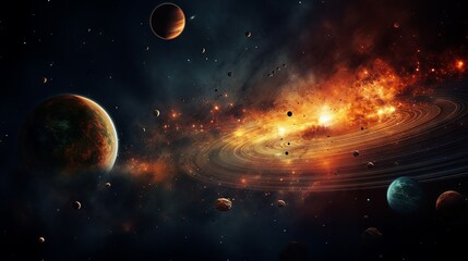 Vivid solar system with planets orbiting a fiery sun against the backdrop of deep space