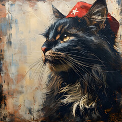 Art painting Oil color portrait of a cat dress up look like Guevara 