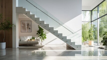 Minimalist, airy interior showcasing a sleek staircase with a transparent glass railing and a single vibrant plant accent