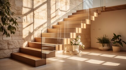 Homey atmosphere with a wooden staircase encased in glass, soft light casting gentle shadows on beige stone steps