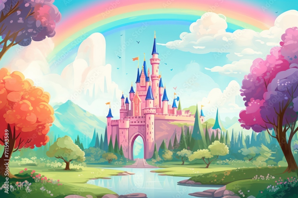 Wall mural Hand drawn fairytale background. a cartoon castle on the hill with grass and trees as background. a cartoon castle in a green field with rainbow