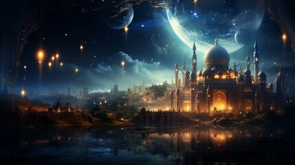 Festive arabian nightscape with sparkling domes under a cosmic crescent, evoking spirituality