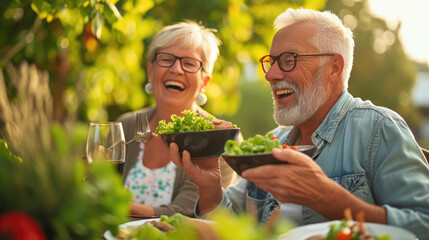 Healthiness and happiness go hand in hand. Shot of a happy older couple enjoying a healthy lunch together outdoors. - obrazy, fototapety, plakaty