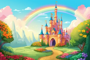 Hand drawn fairytale background. a cartoon castle on the hill with grass and trees as background. a cartoon castle in a green field with rainbow