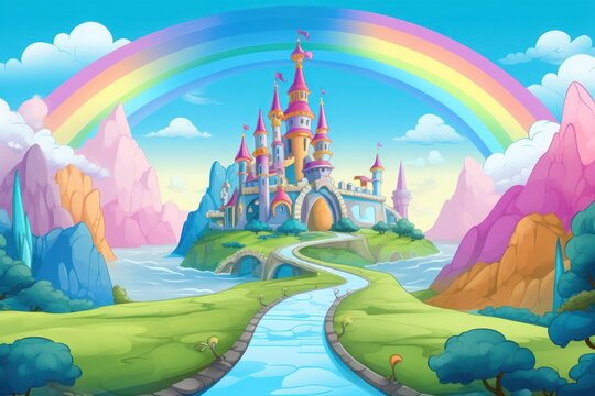 Hand drawn fairytale background. a cartoon castle on the hill with grass and trees as background. a cartoon castle in a green field with rainbow