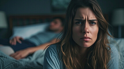 Shot of a woman looking upset while her husband sleeps in the background. - obrazy, fototapety, plakaty