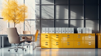 Corporate archive scene with a focus on a silver file cabinet and yellow folders in a sleek office environment