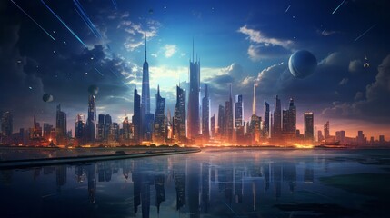 Futuristic metropolis with a glass tower radiating blue light, under a twilight sky
