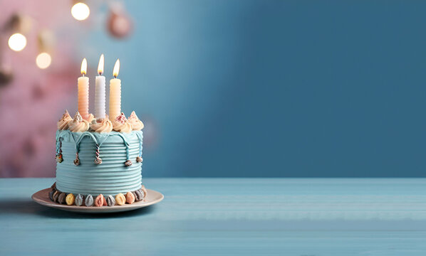 Delicious decorated barbie birthday cake isolated on blue background, generative ai